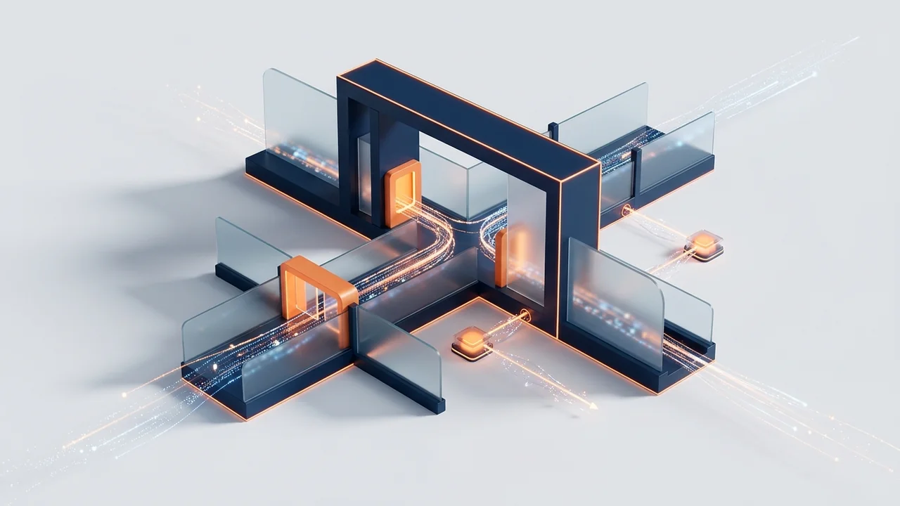 Branching paths passing through a controlled gateway in a navy architectural scene
