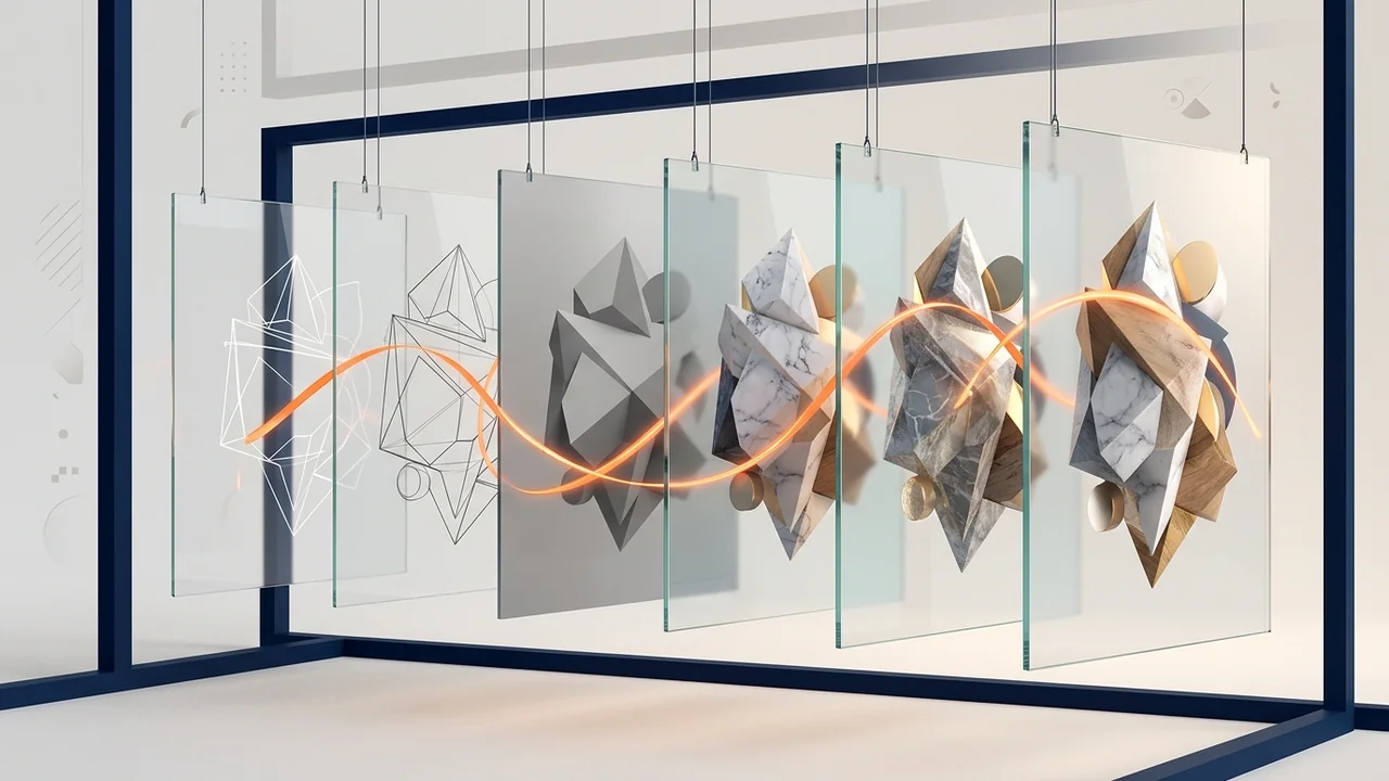 A sketch transforming into a finished sculptural landscape inside a glass frame